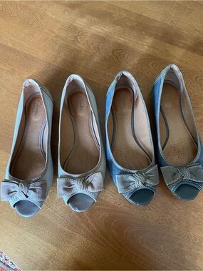 Clarks Women's Bow Peep-Toe Flats in Blue Denim and Tan - Bundle of 2 Pairs